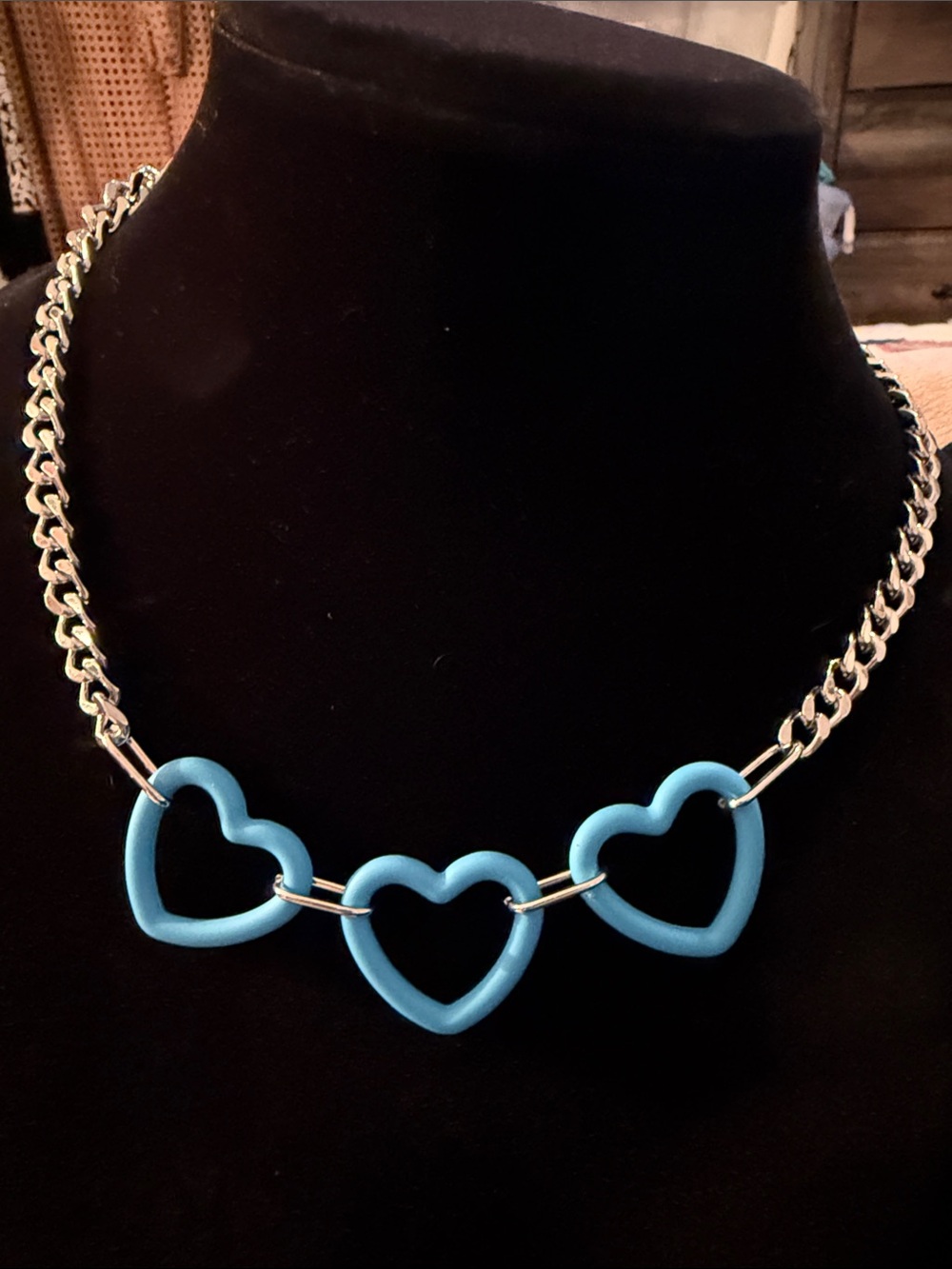 New Women’s 12” Triple Blue Heart Link Necklace with silver thicker chain